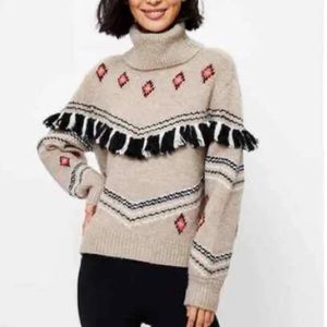 Lou & Grey LOFT Sweater Southwest Aztec Turtleneck Fair Isle with Fringe Size L